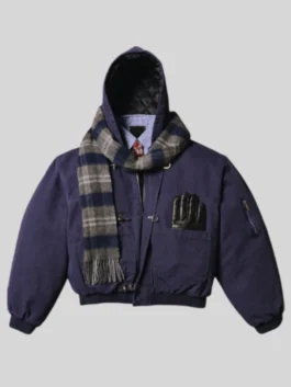 Navy blue Shinzo Shige hooded bomber jacket with plaid scarf and gloves front view