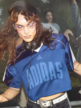 Sophie Xeon Adidas Stadium Mesh T Shirt front view with navy mesh fabric and V neck sporty detail