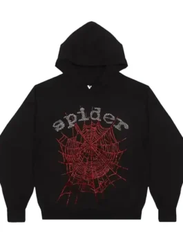 Sp5der OG Rhinestone Black Hoodie in black fleece with rhinestone artwork and relaxed pullover fit