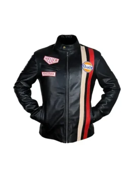 Steve McQueen Le Mans Gulf Racing Black Jacket with black leather body, zip closure, and chest pocket detail