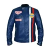 Steve McQueen Le Mans Gulf Racing Blue Jacket with blue leather body, viscose lining, chest pocket, and zip cuffs