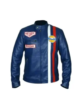 Steve McQueen Le Mans Gulf Racing Blue Jacket with blue leather body, viscose lining, chest pocket, and zip cuffs