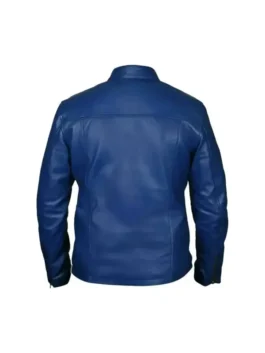 Steve McQueen Le Mans Gulf Racing Blue Jacket back view showing blue leather, smooth rear shape, and racing style