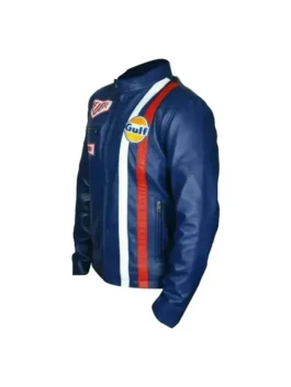 Steve McQueen Le Mans Gulf Racing Blue Jacket in leather with erect collar, zipper front, and racing accents