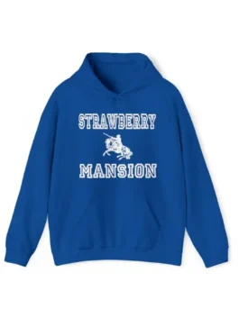 A premium blue fleece Strawberry Mansion Hoodie featuring an attached hooded collar and soft interior lining.