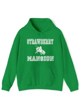 Front profile of the Strawberry Mansion Hoodie showing the clean pullover style and a spacious kangaroo pocket.