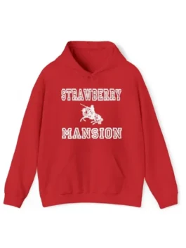 A vibrant red Strawberry Mansion Hoodie made from plush fleece with comfortable rib knitted cuffs.