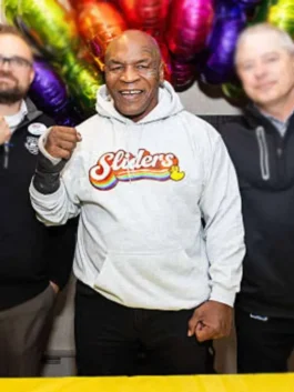 Mike Tyson Rainbow Sliders Hoodie with grey fleece texture, Rainbow Sliders graphic, and casual hoodie style