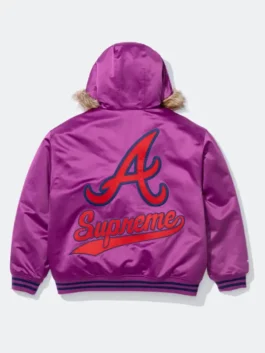 Supreme x Mitchell & Ness Braves Hoodie back view with purple satin finish and hooded sporty style