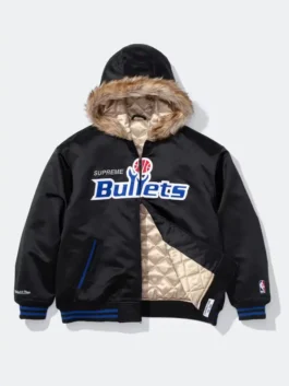 Supreme x Mitchell & Ness Bullets Hoodie front view with black satin body, zipper front, and sporty fit