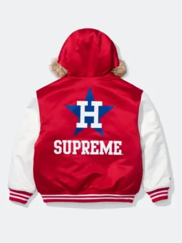 Supreme x Mitchell & Ness Astros Hoodie back view with red and white satin finish and hooded shape