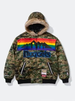Supreme x Mitchell & Ness Nuggets Camo Hoodie with camo design, zipper front, and relaxed sporty fit