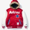 Supreme x Mitchell & Ness Astros Hoodie in red and white satin with zipper front and sporty streetwear style