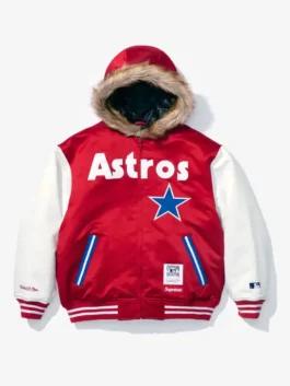 Supreme x Mitchell & Ness Astros Hoodie in red and white satin with zipper front and sporty streetwear style