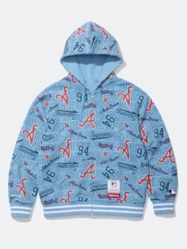 Supreme Atlanta Braves Blue Hoodie in blue fleece with zipper closure, hooded collar, and sporty print design