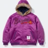 Supreme x Mitchell & Ness Braves Hoodie in purple satin with zipper front and relaxed hooded style
