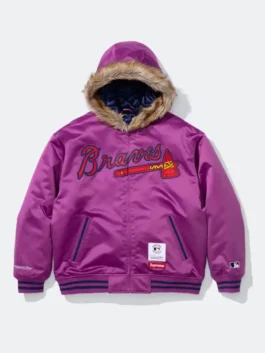 Supreme x Mitchell & Ness Braves Hoodie in purple satin with zipper front and relaxed hooded style
