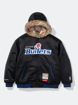 Supreme x Mitchell & Ness Bullets Hoodie in black satin with hooded collar and relaxed sporty style