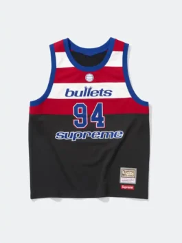 Supreme x Mitchell & Ness Bullets Jersey in polyester with round neck collar, pullover front, and sleeveless cut