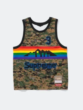Supreme x Mitchell & Ness Nuggets Jersey in camo polyester with sleeveless shape and round neck style