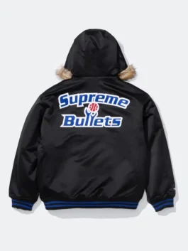 Supreme x Mitchell & Ness Bullets Hoodie back view with black satin finish and hooded streetwear style
