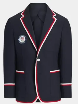 Front view of the Team USA Opening Ceremony Blazer in premium suiting fabric, showing the classic lapel collar and buttons.