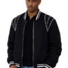 The Gates 2026 Keith Powers Black Bomber Jacket in black satin with white accents and a clean bomber fit