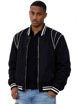 The Gates 2026 Keith Powers Black Bomber Jacket in black satin with white accents and a clean bomber fit