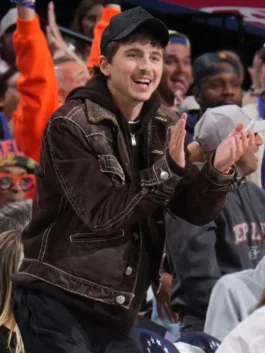Knicks vs 76ers Timothee Chalamet Trucker Jacket with brown corduroy texture and casual courtside style