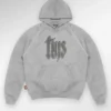 Cozy grey fleece TMS Grey Hoodie featuring a casual pullover style, full-length sleeves, and snug rib-knitted cuffs.