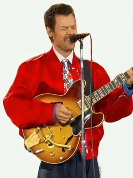 Together Tour Harry Styles Red Jacket in red satin with clean bomber styling and sharp ribbed collar detail