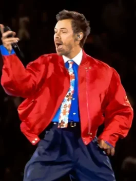 Together Tour Harry Styles Red Jacket in red satin with bomber shape, ribbed collar, and clean stage style