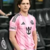 Premium pink polyester Tom Holland Inter Miami Jersey featuring a classic round neck collar and lightweight drape.