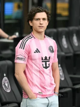Premium pink polyester Tom Holland Inter Miami Jersey featuring a classic round neck collar and lightweight drape.