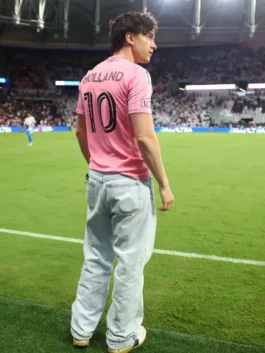Rear view of the vibrant pink Tom Holland Inter Miami Jersey, showcasing clean polyester tailoring and half sleeves.