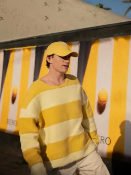 Premium quality fabric Tom Holland Yellow Stripe Sweatshirt boasting a timeless yellow and white stripes design.
