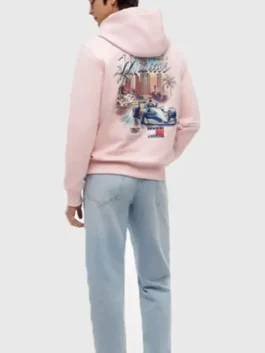 Tommy Hilfiger Cadillac F1 Miami Hoodie in pink fleece with graphic front, hooded collar, and casual fit