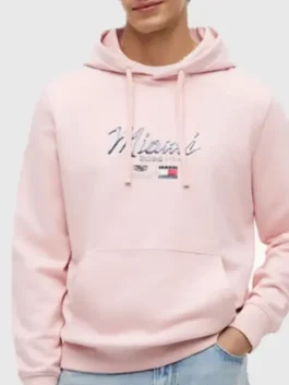 Tommy Hilfiger Cadillac F1 Miami Hoodie in pink fleece with soft hooded shape and racing graphic detail