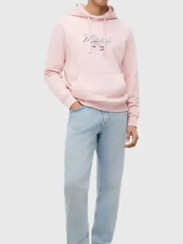 Tommy Hilfiger Cadillac F1 Miami Hoodie front view in pink fleece with racing graphic and pullover style