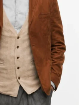 Berlin Tristan Ulloa Brown Blazer with soft brown suede texture, lapel collar, and sharp tailored fit