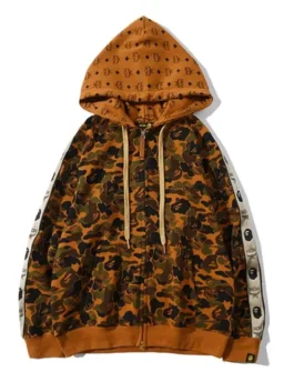 Unisex MCM Bape Hoodie in fleece fabric with hooded collar, zipper closure, and everyday streetwear fit