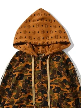 Unisex MCM Bape Hoodie front view with fleece fabric, zip-up closure, and bold streetwear styling