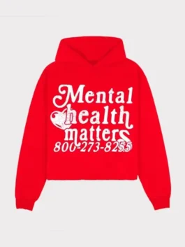 Mental Health Matters Hoodie front view in red with awareness text, hooded shape, and casual streetwear fit