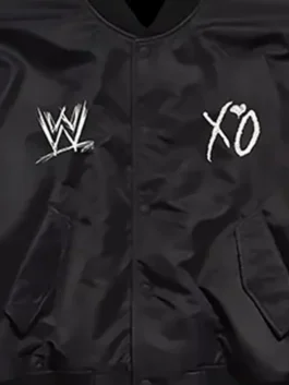 WWE x XO Bomber Jacket with black bomber shape, unisex fit, ribbed collar, and button-front style