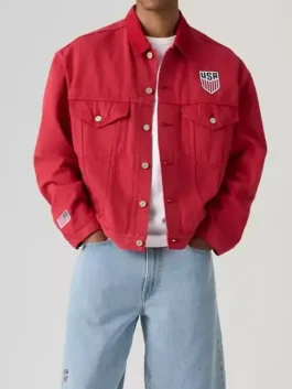A premium USA World Cup 2026 Red Denim Jacket in a bold red shade featuring high quality denim fabric.