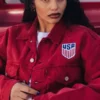 A professional shot of the USA World Cup 2026 Red Denim Jacket featuring a soft viscose lining and four outside pockets.