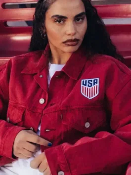 A professional shot of the USA World Cup 2026 Red Denim Jacket featuring a soft viscose lining and four outside pockets.