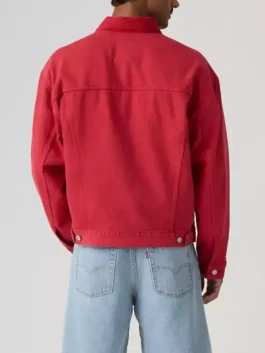 The back view of the USA World Cup 2026 Red Denim Jacket highlighting the smooth red denim texture and clean seam lines.