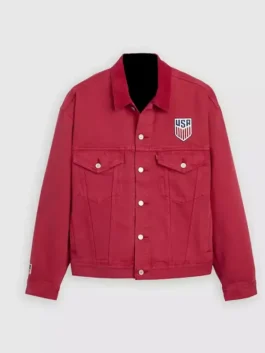 Front profile of the USA World Cup 2026 Red Denim Jacket showing the classic shirt style collar and secure button closure.