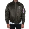 Sleek black satin Valkyries FISLL Eclipse Jacket featuring a classic rib-knitted collar and a smooth front zipper closure.